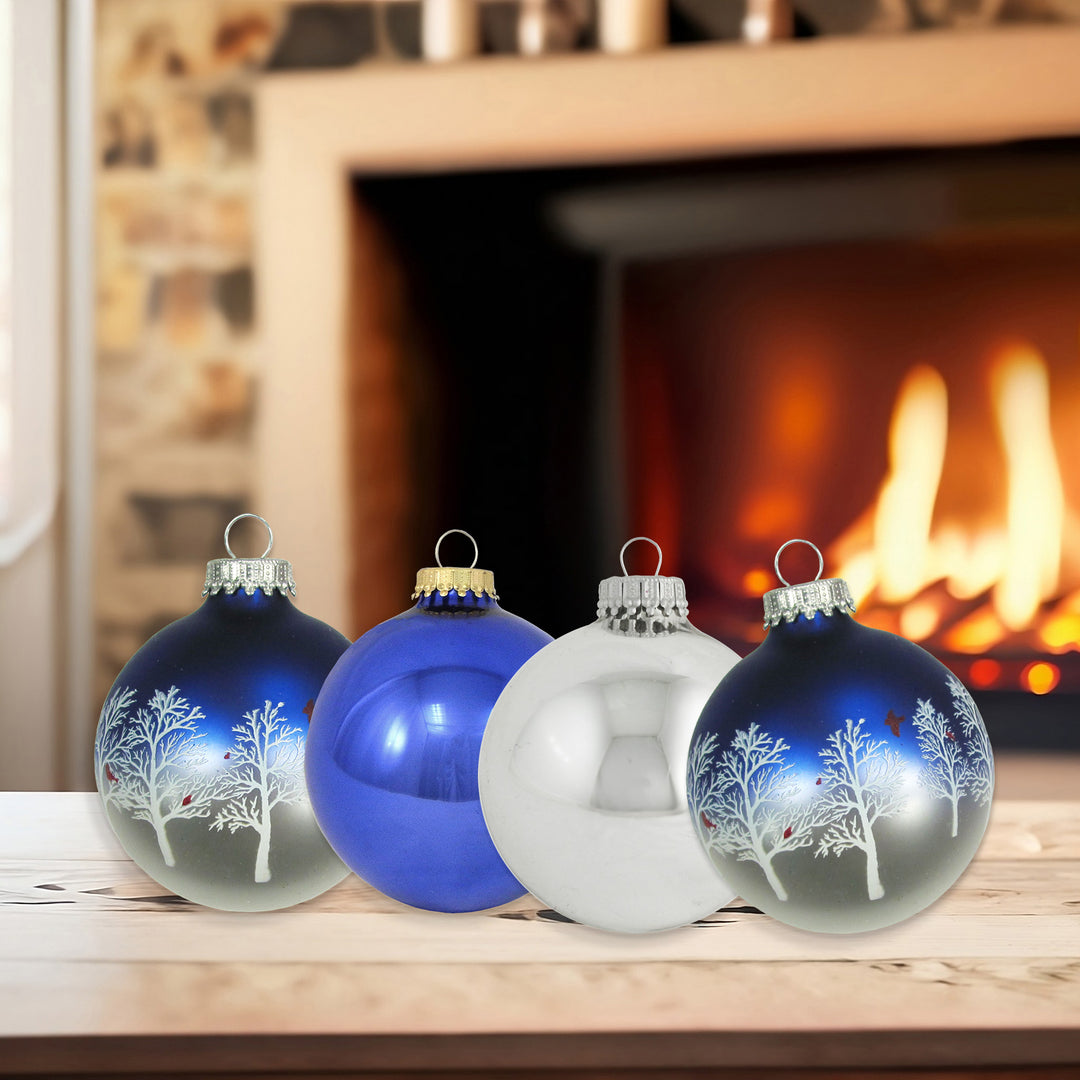 Glass Christmas Tree Ornaments - 67mm/2.63" Designer Balls from Christmas by Krebs - Seamless Hanging Holiday Decorations for Trees - Set of 12 Ornaments (Silver and Blue with Trees and Cardinals)