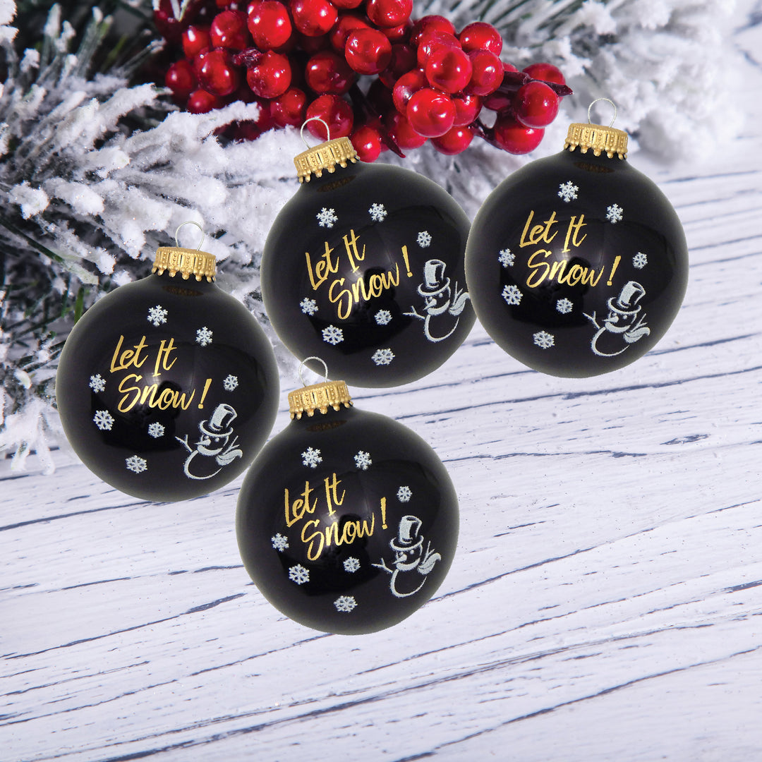 Glass Christmas Tree Ornaments - 67mm/2.63" [4 Pieces] Decorated Balls from Christmas by Krebs Seamless Hanging Holiday Decor (Ebony Shine and Velvet with Let It Snow)