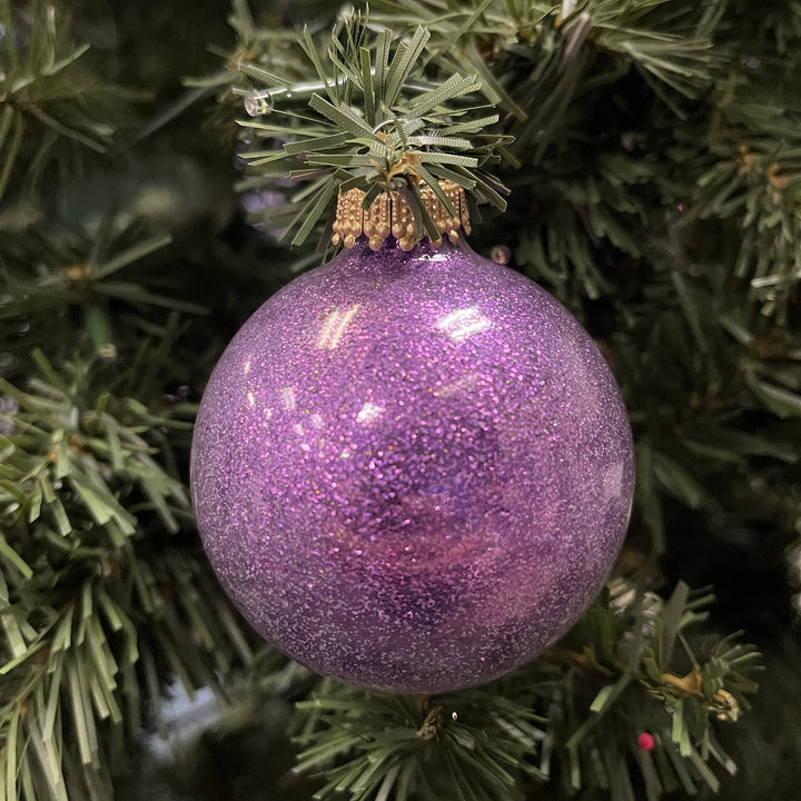 Glass Christmas Tree Ornaments - 67mm / 2.63" [6 Pieces] Designer Balls from Christmas By Krebs Seamless Hanging Holiday Decor (Purple Sparkle)