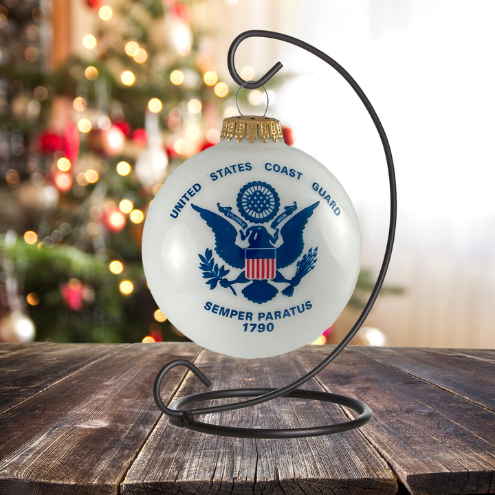 Christmas Tree Ornaments Made in the USA - 80mm / 3.25" Decorated Collectible Glass Balls from Christmas by Krebs - Handmade Hanging Holiday Decorations for Trees (Coast Guard with Established Date, Silk)