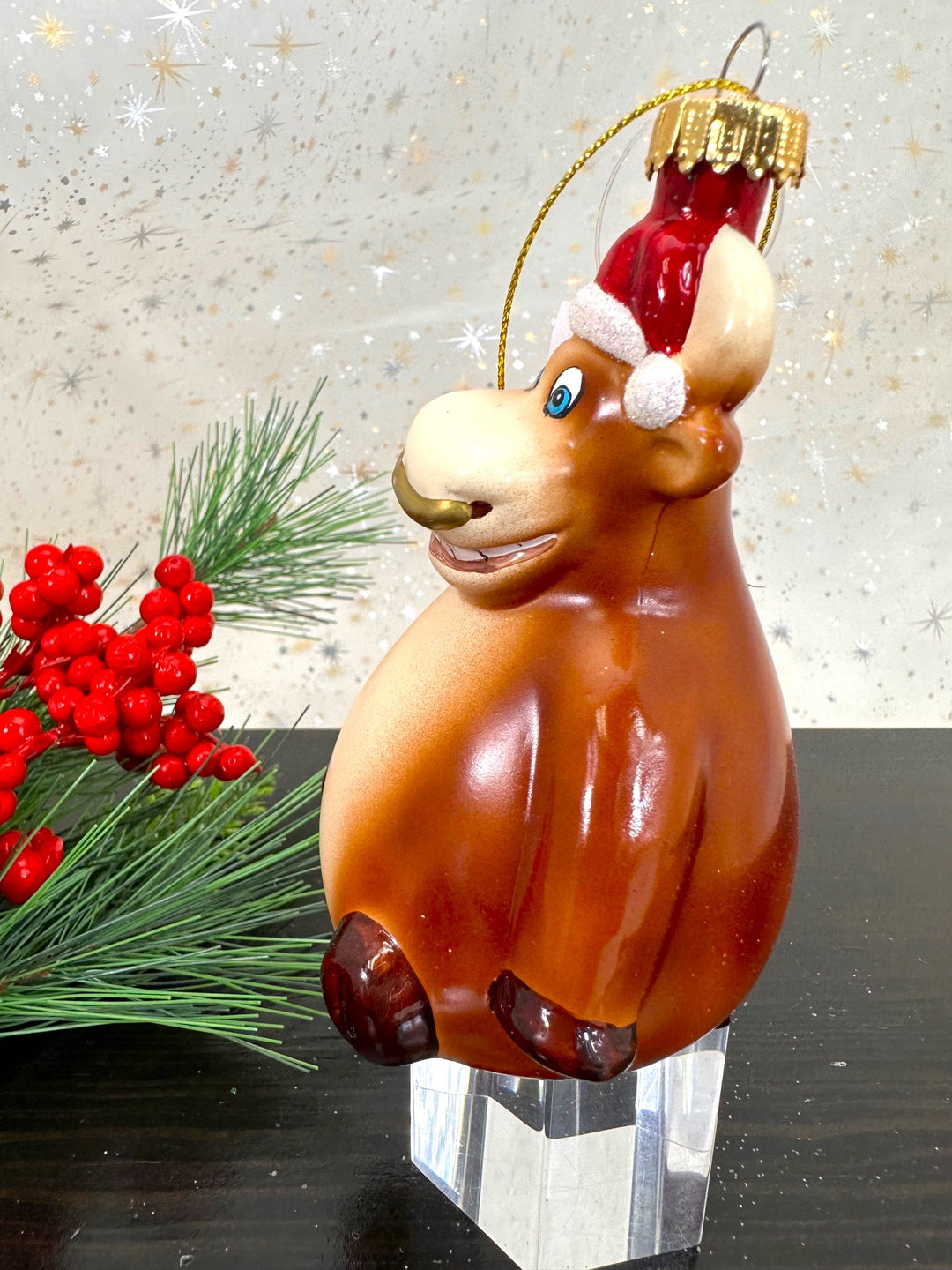 Christmas By Krebs Blown Glass  Collectible Tree Ornaments  (Happy Ox with Santa Hat Cow)