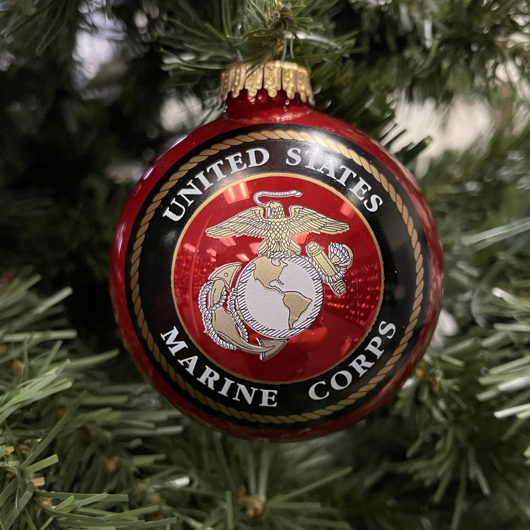 Christmas Tree Ornaments Made in the USA - 80mm / 3.25" Decorated Collectible Glass Balls from Christmas by Krebs - Handmade Hanging Holiday Decorations for Trees (USMC Marine Corps Logo & Hymn, Hymn)