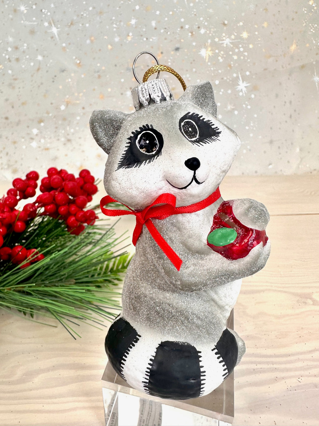 Christmas By Krebs Blown Glass  Collectible Tree Ornaments  (4" Racoon with Apple)