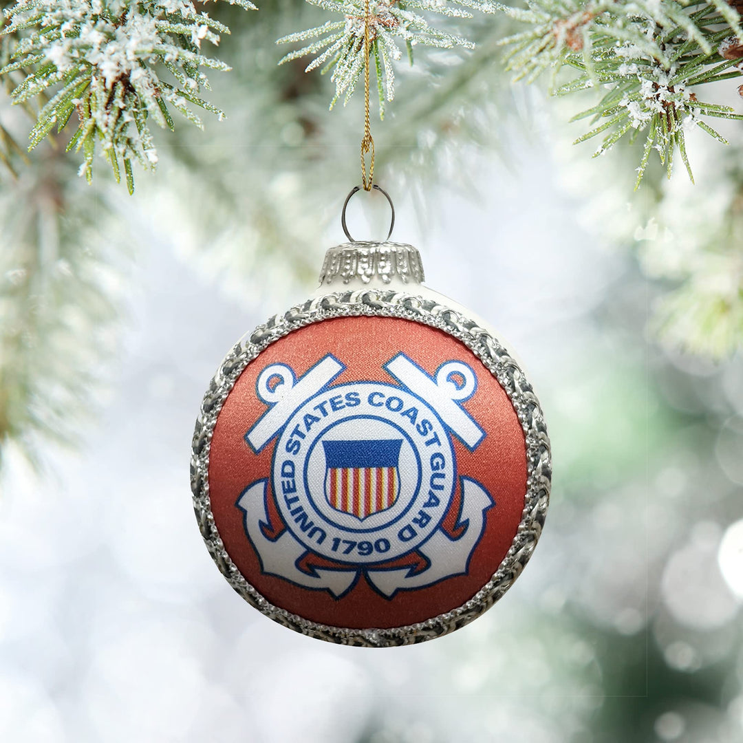 Christmas Tree Ornaments Made in the USA - 80mm / 3.25" Decorated Collectible Glass Balls from Christmas by Krebs - Handmade Hanging Holiday Decorations for Trees (USCG Coast Guard Logo & Hymn, Silk)