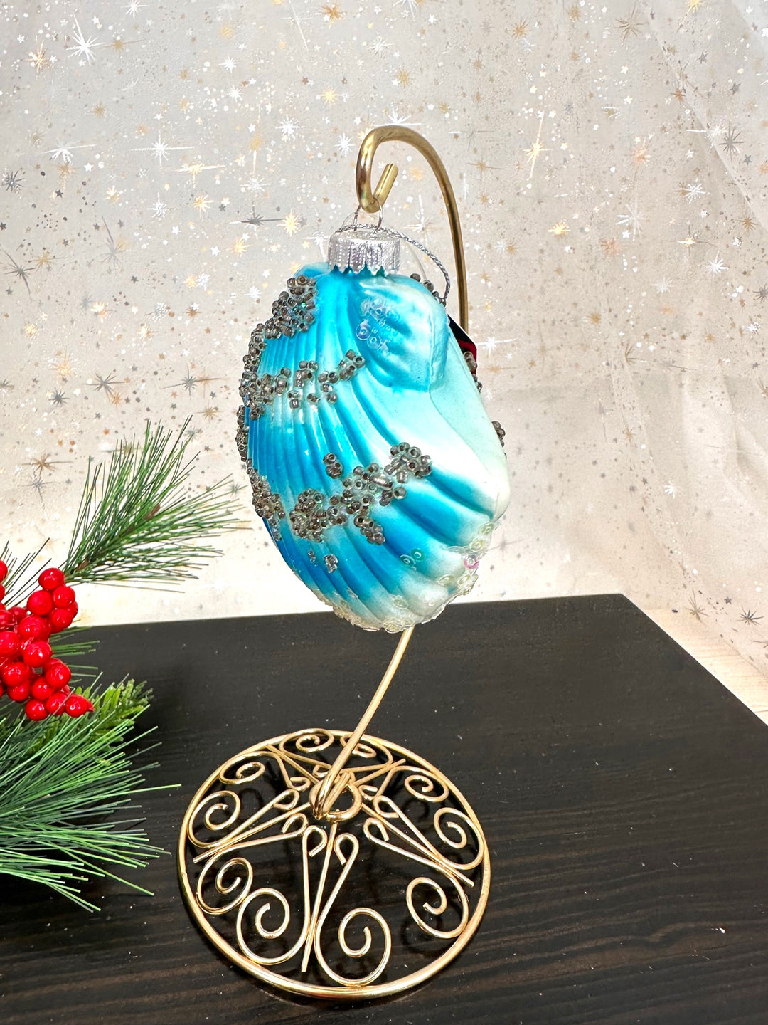 Christmas By Krebs Blown Glass  Collectible Tree Ornaments  (3 1/2" Blue Scallop Sea Shell)