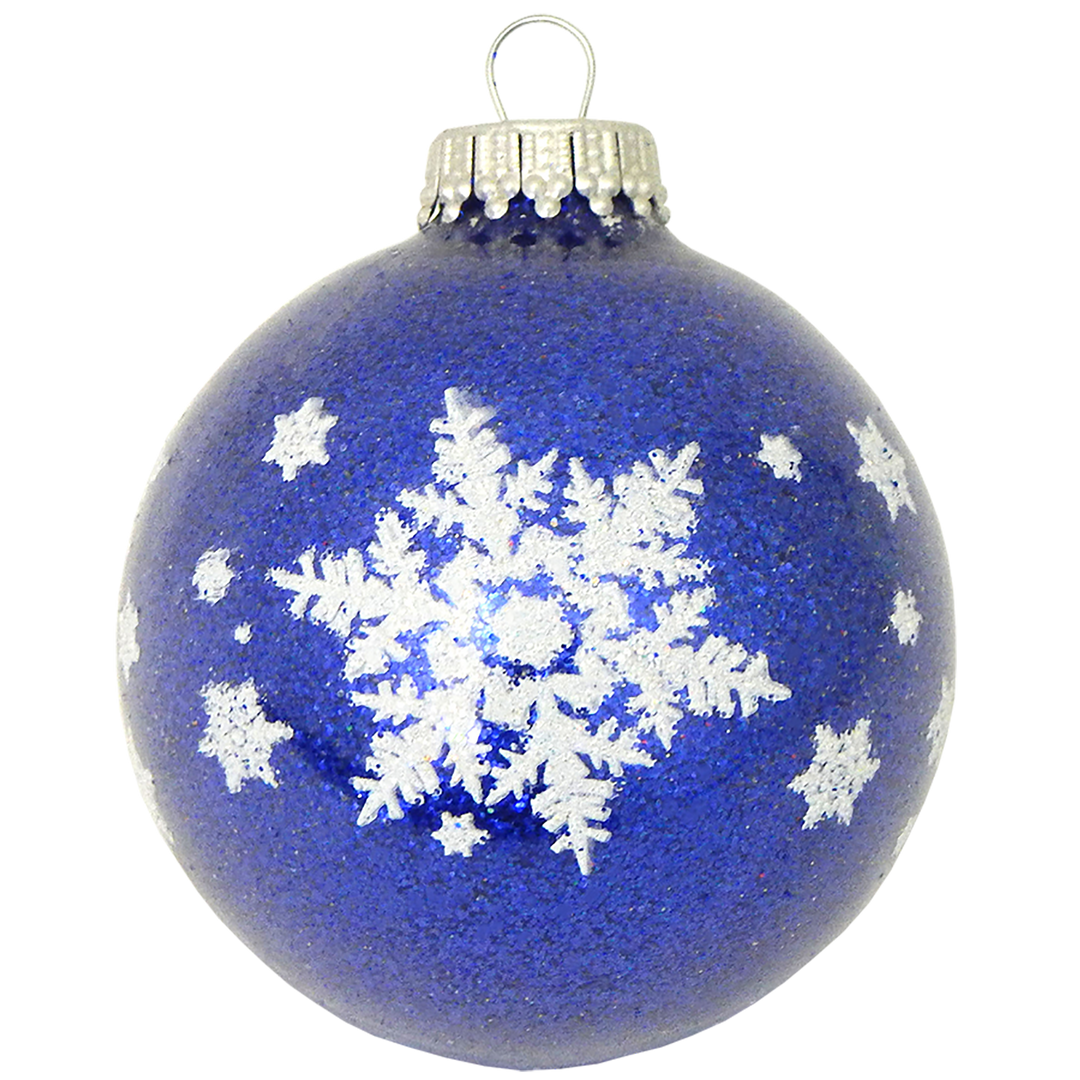 Glass Christmas Tree Ornaments - 67mm/2.63" [4 Pieces] Decorated Balls from Christmas by Krebs Seamless Hanging Holiday Decor (Dark Blue Sparkle with White Snowflakes)