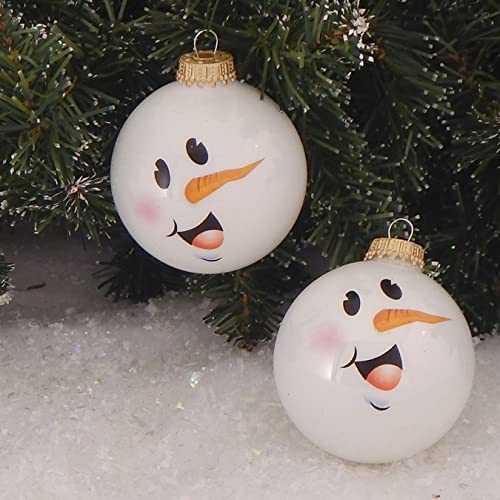 Glass Christmas Tree Ornaments - 67mm/2.63" [4 Pieces] Decorated Balls from Christmas by Krebs Seamless Hanging Holiday Decor (Shiny Porcelain White with Snowman Face)