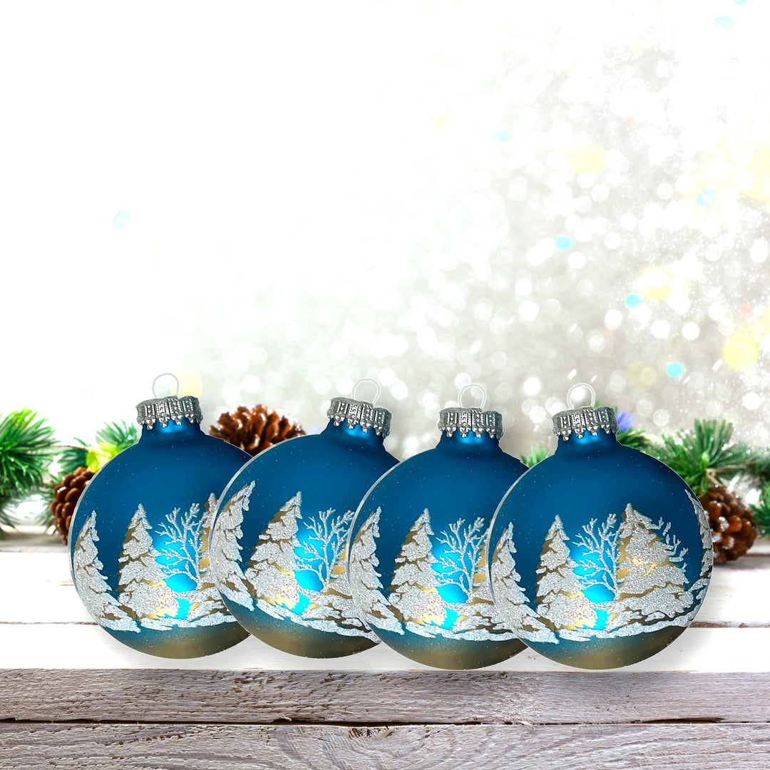 Glass Christmas Tree Ornaments - 67mm/2.625" [4 Pieces] Decorated Balls from Christmas by Krebs Seamless Hanging Holiday Decor (Turquoise Bliss Blue with Festive Trees)