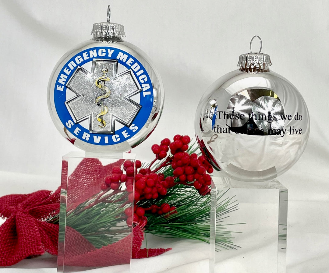 Christmas Tree Ornaments - 80mm / 3.25" Decorated Collectible Glass Balls from Christmas by Krebs - Handmade Hanging Holiday Decorations for Trees (Bright Silver with Emergency Medical Services-EMS Logo)