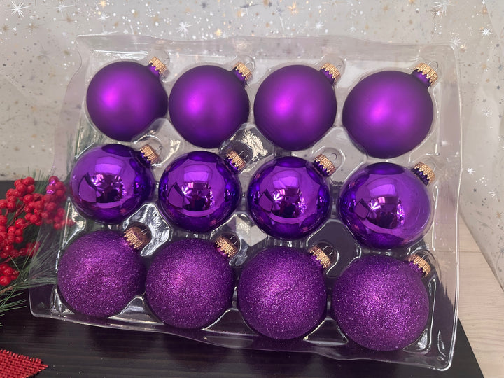 Glass Christmas Tree Ornaments - 67mm/2.63" Designer Balls from Christmas by Krebs - Seamless Hanging Holiday Decorations for Trees - Set of 12 Ornaments (Shiny, Velvet and Glitter Purple)