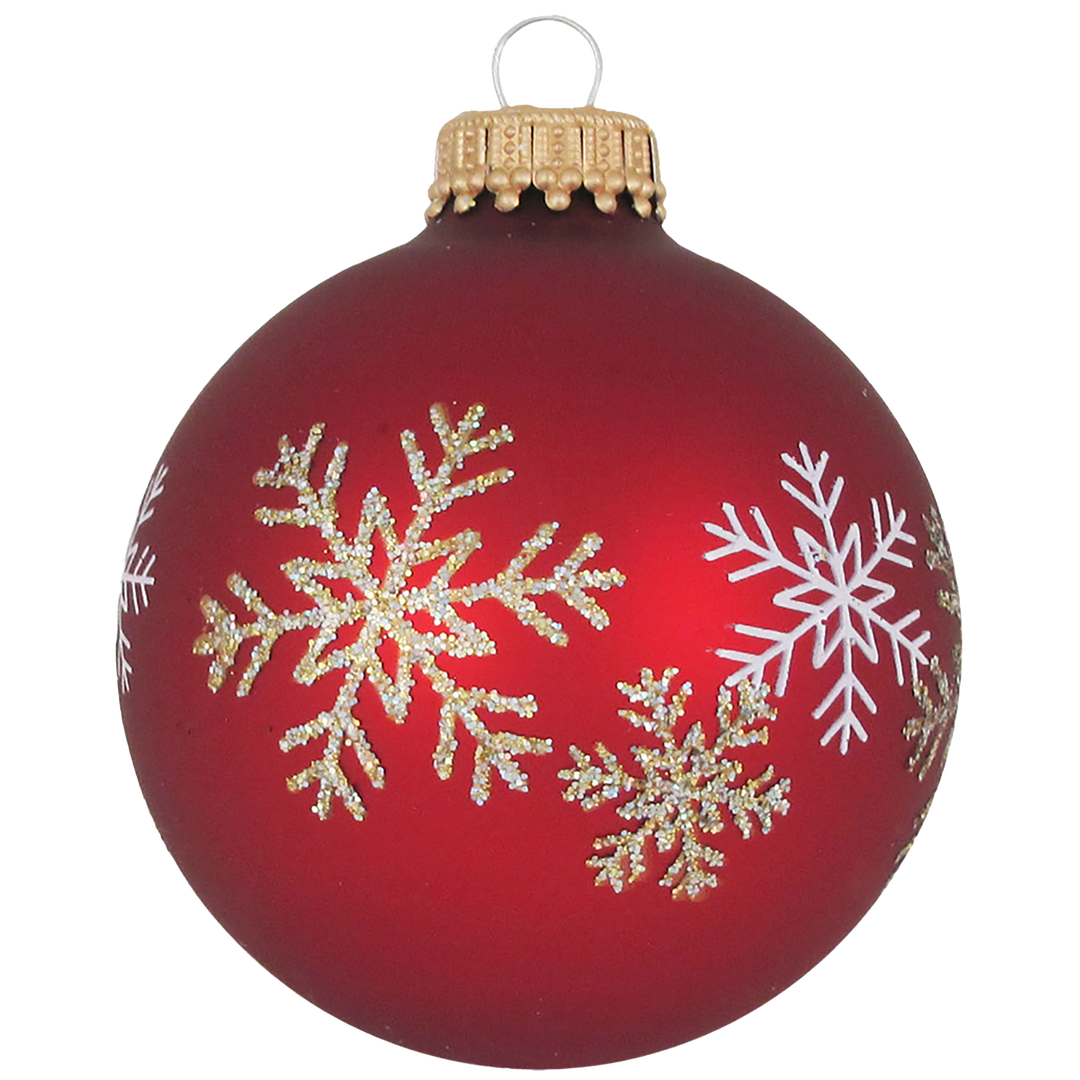 Glass Christmas Tree Ornaments - 67mm/2.63" [4 Pieces] Decorated Balls from Christmas by Krebs Seamless Hanging Holiday Decor (Christmas Red & Red Velvet Snowflakes)