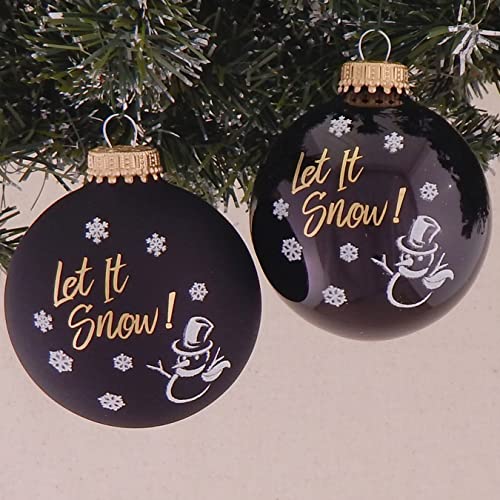 Glass Christmas Tree Ornaments - 67mm/2.63" [4 Pieces] Decorated Balls from Christmas by Krebs Seamless Hanging Holiday Decor (Ebony Shine and Velvet with Let It Snow)