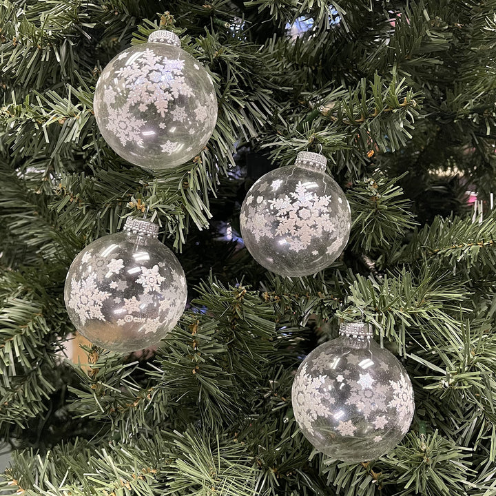 Glass Christmas Tree Ornaments - 67mm/2.63" [4 Pieces] Decorated Balls from Christmas by Krebs Seamless Hanging Holiday Decor (Clear with White Big Snowflakes)