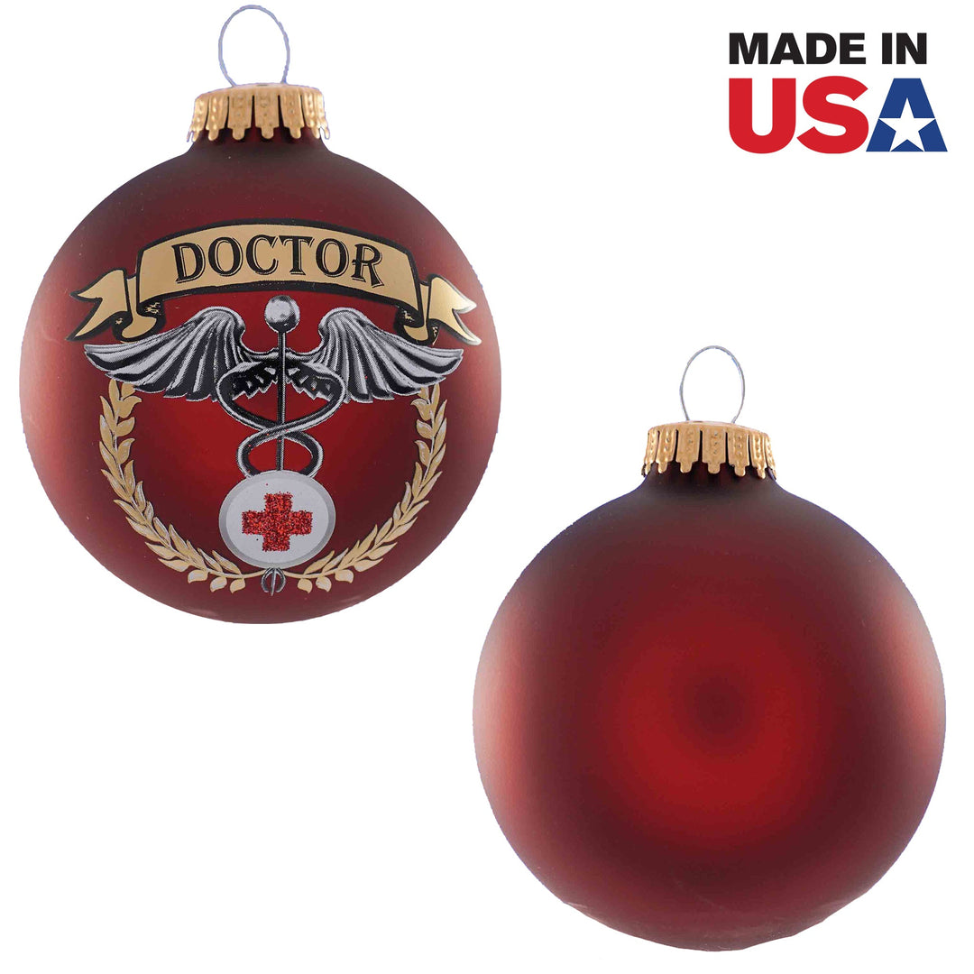 Christmas Tree Ornaments - 80mm / 3.25" Decorated Collectible Glass Balls from Christmas by Krebs - Handmade Hanging Holiday Decorations for Trees (Doctor Caduceus)