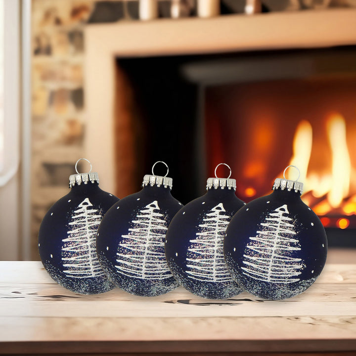 Glass Christmas Tree Ornaments - 67mm/2.625" [4 Pieces] Decorated Balls from Christmas by Krebs Seamless Hanging Holiday Decor (Navy Velvet with White Scribble Tree)