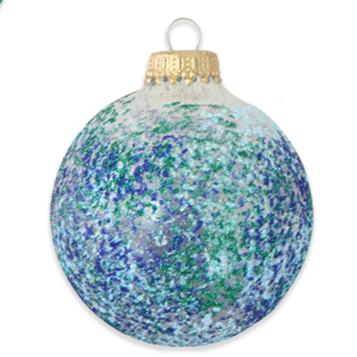 Glass Christmas Tree Ornaments - 67mm/2.63" [4 Pieces] Decorated Balls from Christmas by Krebs Seamless Hanging Holiday Decor (Clear with Blue Glitter Sponge Pattern)