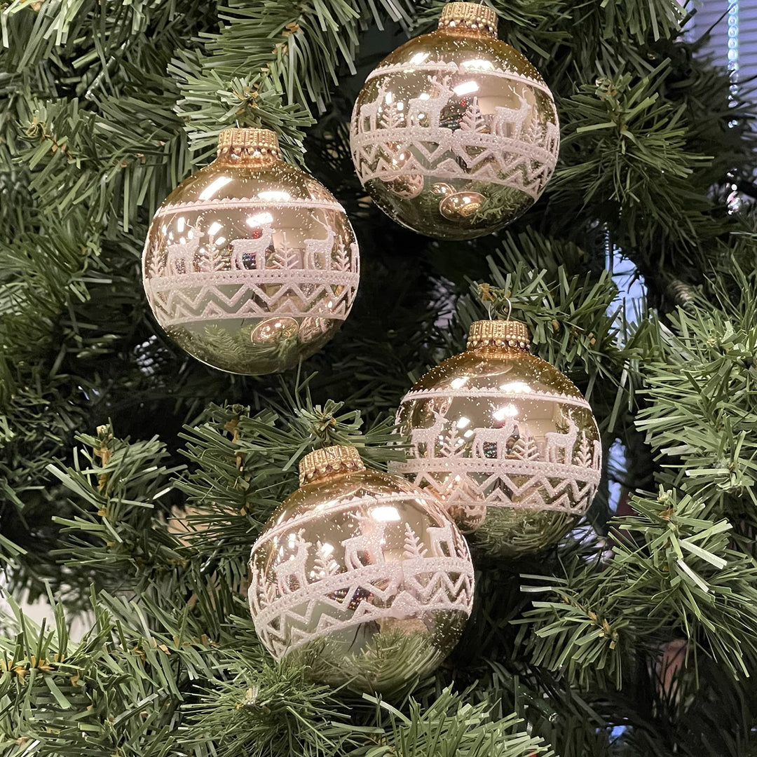 Glass Christmas Tree Ornaments - 67mm/2.63" [4 Pieces] Decorated Balls from Christmas by Krebs Seamless Hanging Holiday Decor (Shiny Molten Gold with Reindeer Band)