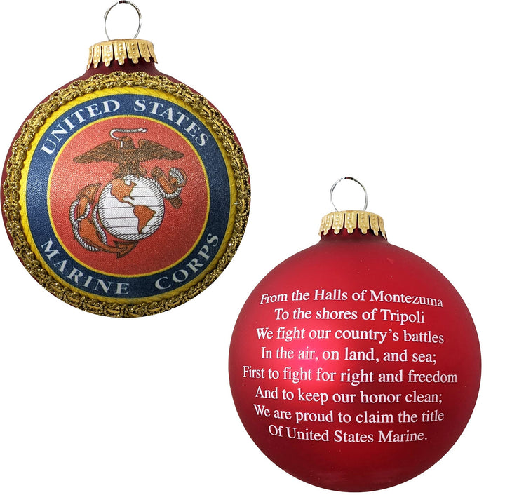 Christmas Tree Ornaments Made in the USA - 80mm / 3.25" Decorated Collectible Glass Balls from Christmas by Krebs - Handmade Hanging Holiday Decorations for Trees (Marine Corps Crest and Motto Silk With Hymn, Silk)