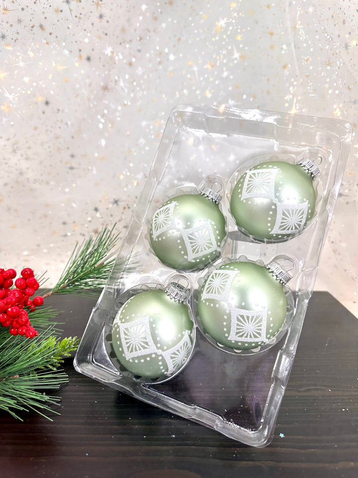 Glass Christmas Tree Ornaments - 67mm/2.625" [4 Pieces] Decorated Balls from Christmas by Krebs Seamless Hanging Holiday Decor (Beach Glass Green Velvet with White Star Diamonds)