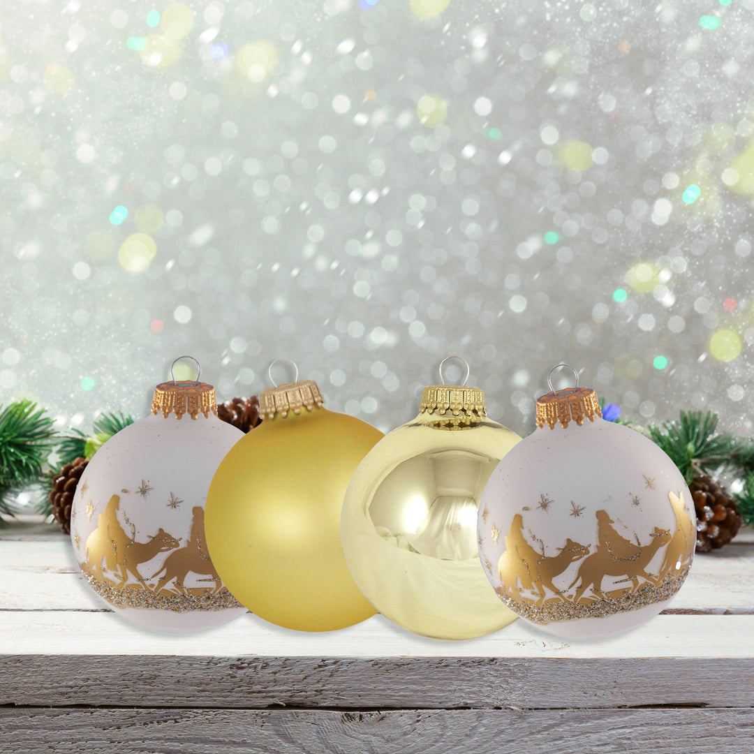 Glass Christmas Tree Ornaments - 67mm/2.63" Designer Balls from Christmas by Krebs - Seamless Hanging Holiday Decorations for Trees - Set of 12 Ornaments (Gold and Frost with Bethlehem Scene)