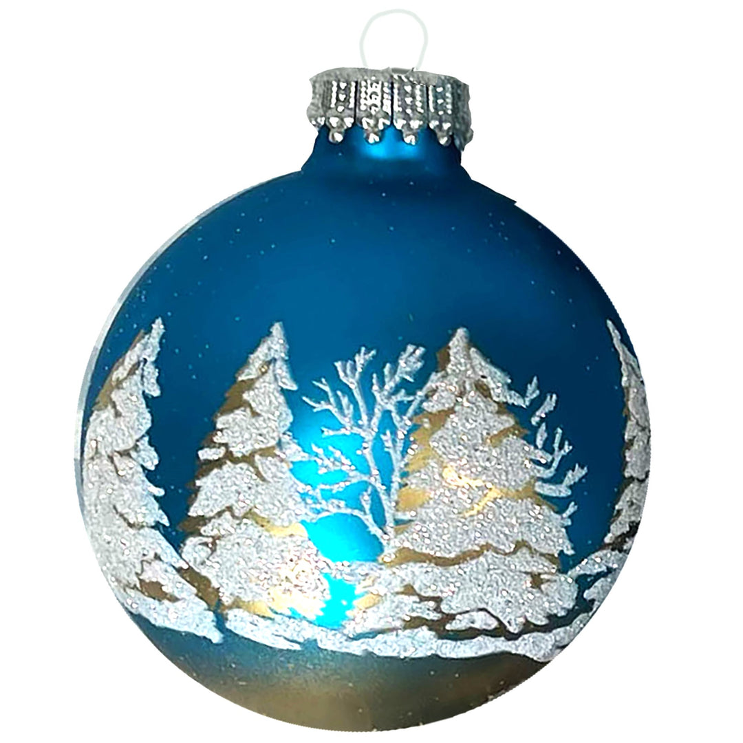 Glass Christmas Tree Ornaments - 67mm/2.625" [4 Pieces] Decorated Balls from Christmas by Krebs Seamless Hanging Holiday Decor (Turquoise Bliss Blue with Festive Trees)