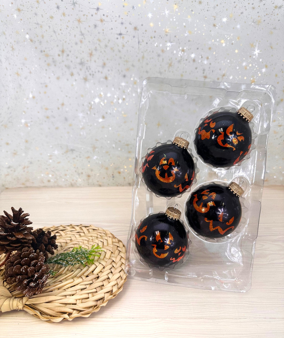 Halloween Tree Ornaments - 67mm/2.625" Decorated Glass Balls from Christmas by Krebs - Handmade Seamless Hanging Holiday Decorations for Trees - Set of 4 (Shiny Ebony Black with Faces)