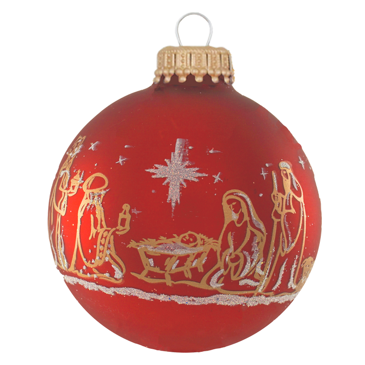 Glass Christmas Tree Ornaments - 67mm/2.63" Designer Balls from Christmas by Krebs - Seamless Hanging Holiday Decorations for Trees - Set of 12 Ornaments (Red and Gold with Nativity Scene)