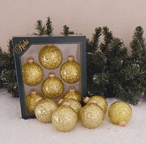 Glass Christmas Tree Ornaments - 67mm / 2.63" [6 Pieces] Designer Balls from Christmas By Krebs Seamless Hanging Holiday Decor (Gold Spangle)