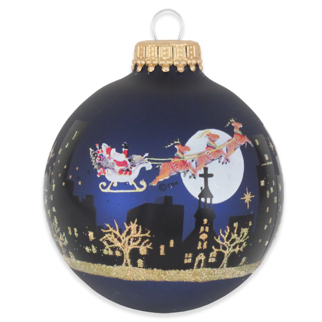 Glass Christmas Tree Ornaments - 67mm/2.63" Designer Balls from Christmas by Krebs - Seamless Hanging Holiday Decorations for Trees - Set of 12 Ornaments (Gold & Blue W/ Night Before Christmas)