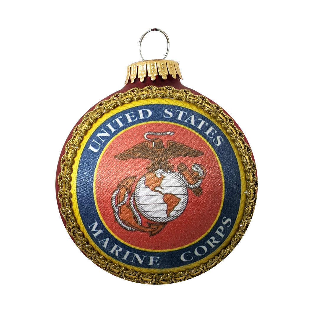 Christmas Tree Ornaments Made in the USA - 80mm / 3.25" Decorated Collectible Glass Balls from Christmas by Krebs - Handmade Hanging Holiday Decorations for Trees (Marine Corps Crest and Motto Silk With Hymn, Silk)