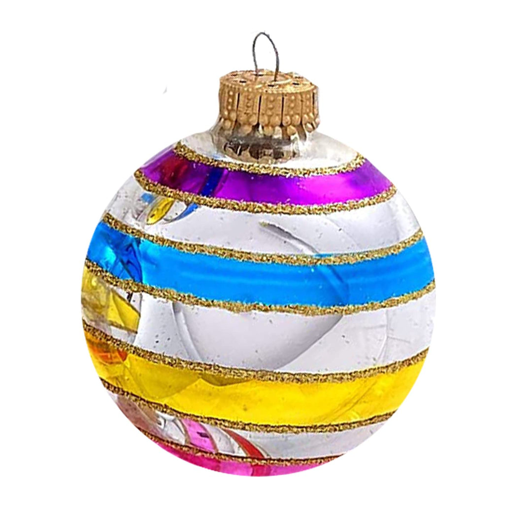 Glass Christmas Tree Ornaments - 67mm/2.63" [4 Pieces] Decorated Balls from Christmas by Krebs Seamless Hanging Holiday Decor (Bright Silver with Multicolor Lines)