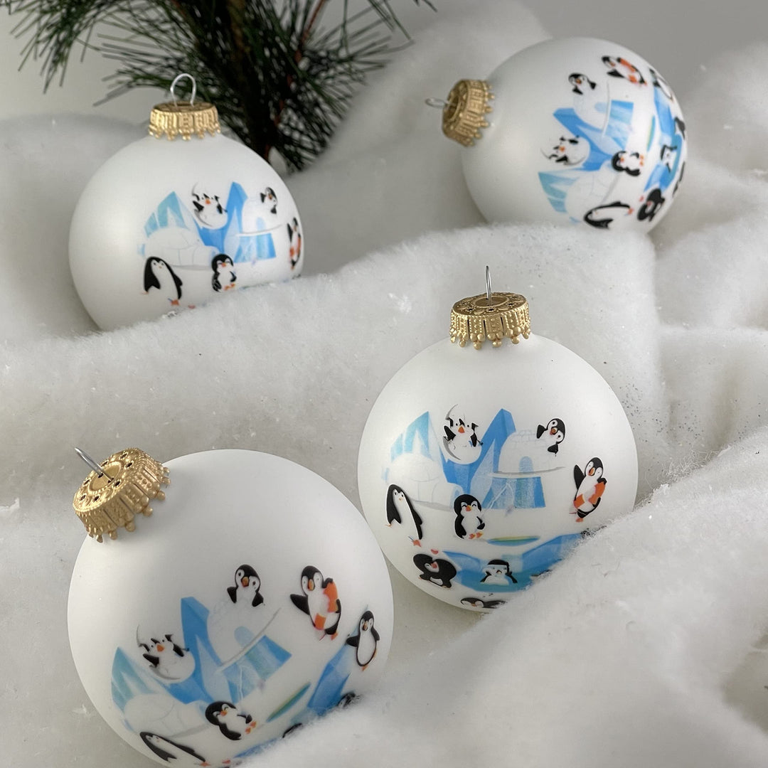 Glass Christmas Tree Ornaments - 67mm/2.63" [4 Pieces] Decorated Balls from Christmas by Krebs Seamless Hanging Holiday Decor (Classic White Velvet with Penguins)