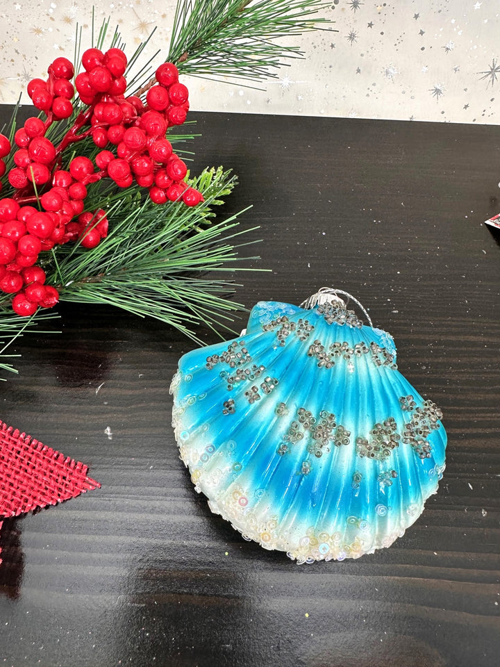 Christmas By Krebs Blown Glass  Collectible Tree Ornaments  (3 1/2" Blue Scallop Sea Shell)