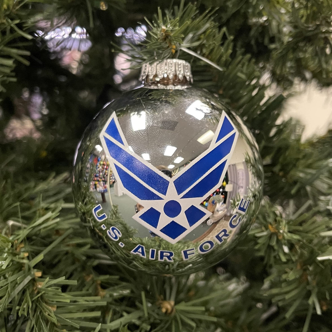 Christmas Tree Ornaments Made in the USA - 80mm / 3.25" Decorated Collectible Glass Balls from Christmas by Krebs - Handmade Hanging Holiday Decoration for Trees (USAF Logo & Hymn, Silver)