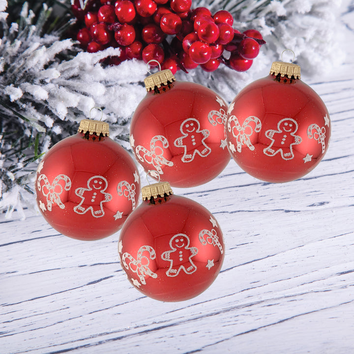 Glass Christmas Tree Ornaments - 67mm/2.625" [4 Pieces] Decorated Balls from Christmas by Krebs Seamless Hanging Holiday Decor (Christmas Red with White Gingerbread & Candy Canes)