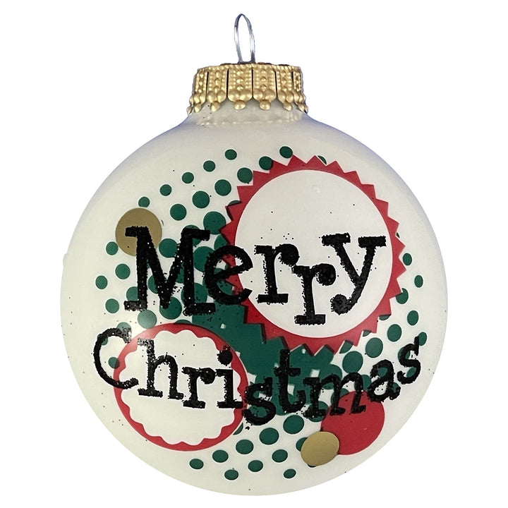 Glass Christmas Tree Ornaments - 67mm/2.625" [4 Pieces] Decorated Balls from Christmas by Krebs Seamless Hanging Holiday Decor (Porcelain White with Merry Christmas)