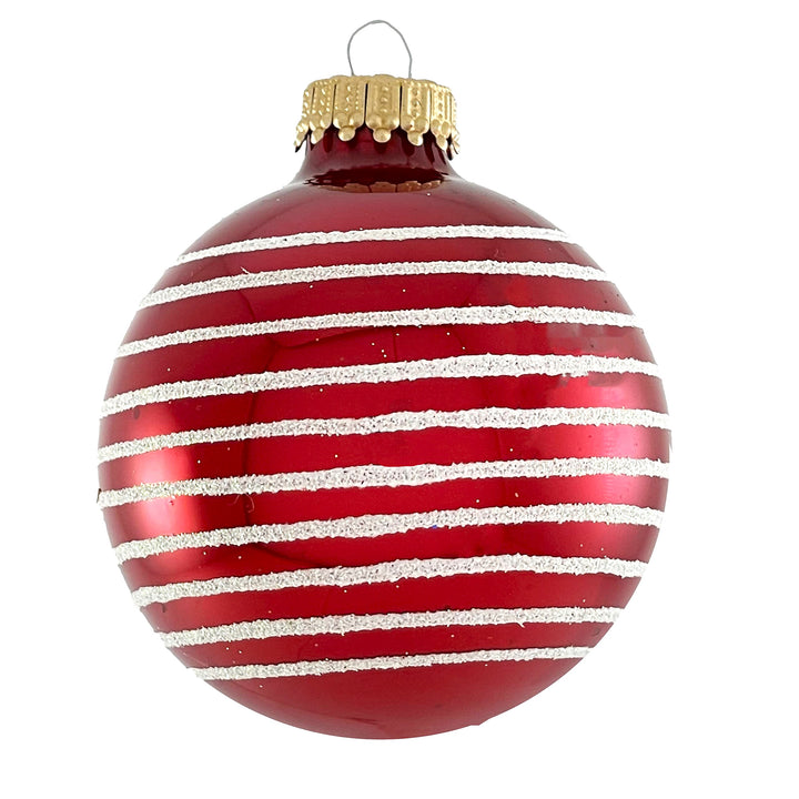 Glass Christmas Tree Ornaments - 67mm/2.625" [4 Pieces] Decorated Balls from Christmas by Krebs Seamless Hanging Holiday Decor (Candy Apple Red with White Thin Stripes)