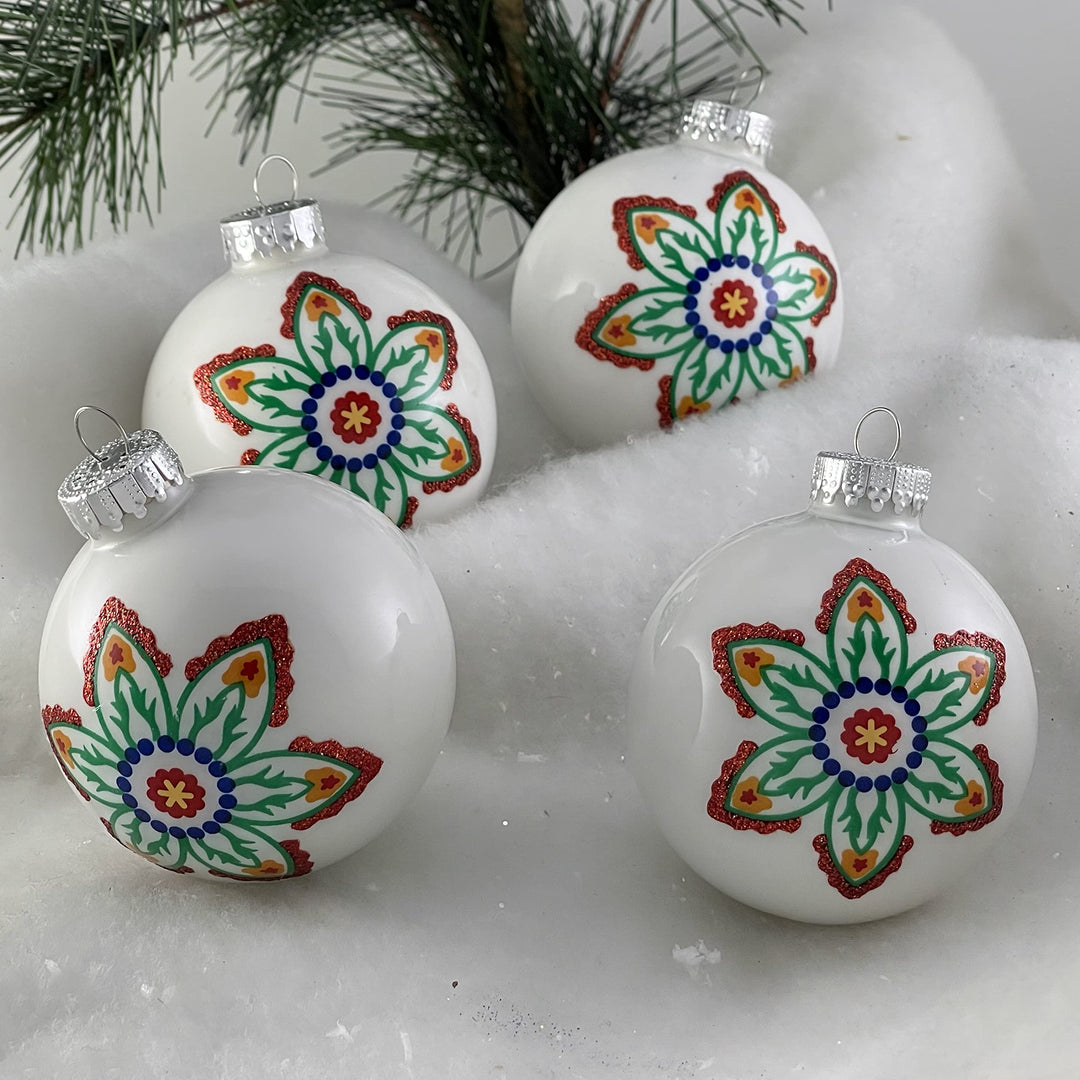 Glass Christmas Tree Ornaments - 67mm/2.63" [4 Pieces] Decorated Balls from Christmas by Krebs Seamless Hanging Holiday Decor (Porcelain White with Large Flower)