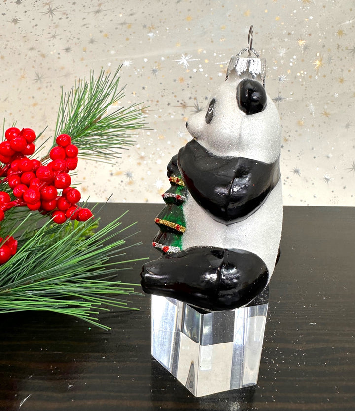 Christmas By Krebs Blown Glass  Collectible Tree Ornaments  (Panda Holding Christmas Tree)