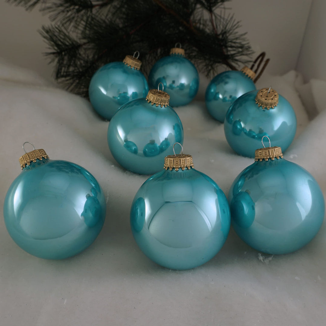 Glass Christmas Tree Ornaments - 67mm / 2.63" [8 Pieces] Designer Balls from Christmas By Krebs Seamless Hanging Holiday Decor (Shiny Water Lily Blue)