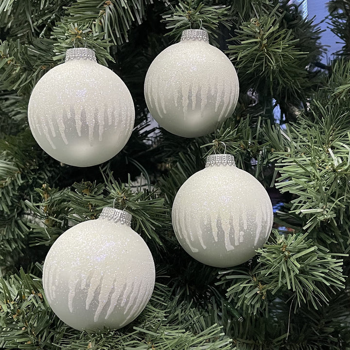 Glass Christmas Tree Ornaments - 67mm/2.63" [4 Pieces] Decorated Balls from Christmas by Krebs Seamless Hanging Holiday Decor (Silver Pearl with White Icicles)