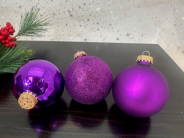 Glass Christmas Tree Ornaments - 67mm/2.63" Designer Balls from Christmas by Krebs - Seamless Hanging Holiday Decorations for Trees - Set of 12 Ornaments (Shiny, Velvet and Glitter Purple)