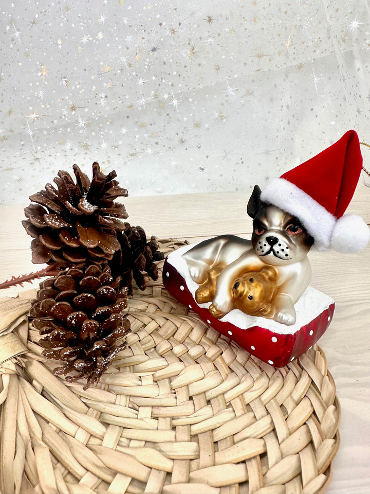 Christmas By Krebs Blown Glass  Collectible Tree Ornaments  (4" Dog with Santa Hat and Teddy Bear)