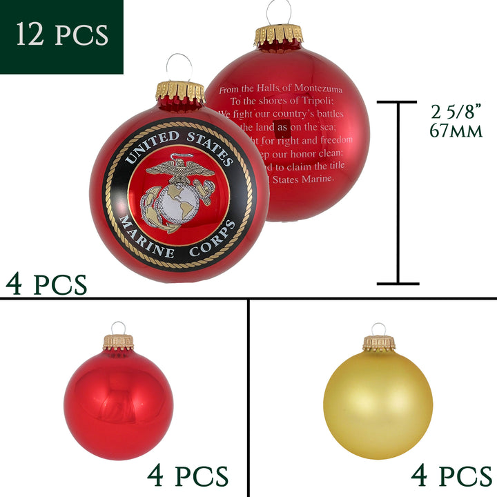 Christmas Tree Ornaments - Military Glass Balls from Christmas by Krebs - Handmade Seamless Hanging Holiday Decorations for Trees (67mm/2.625" Red and Gold Marines-USMC Variety Set of 12)