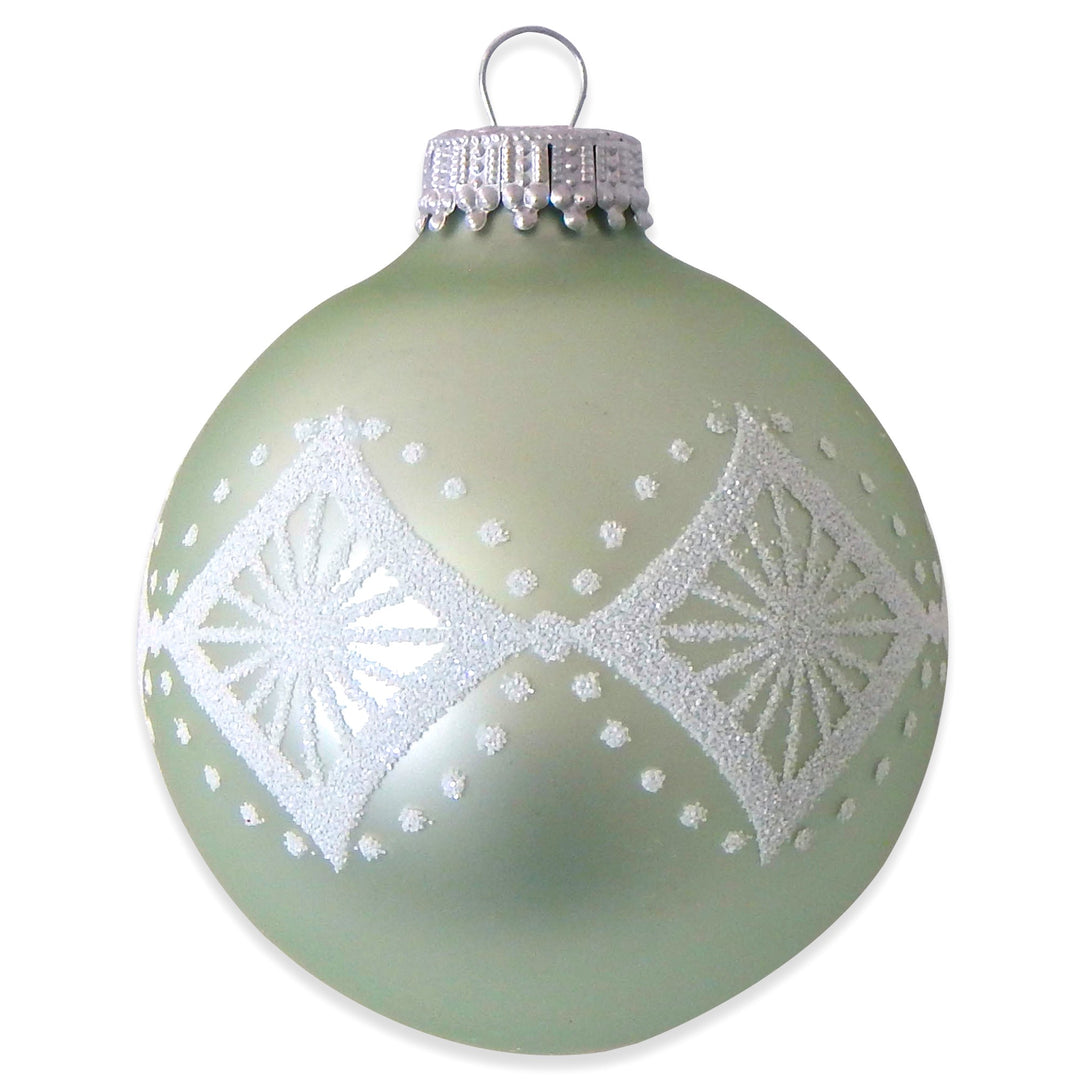 Glass Christmas Tree Ornaments - 67mm/2.625" [4 Pieces] Decorated Balls from Christmas by Krebs Seamless Hanging Holiday Decor (Beach Glass Green Velvet with White Star Diamonds)