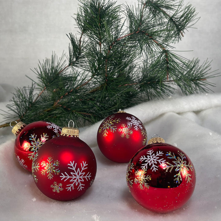 Glass Christmas Tree Ornaments - 67mm/2.63" [4 Pieces] Decorated Balls from Christmas by Krebs Seamless Hanging Holiday Decor (Christmas Red & Red Velvet Snowflakes)