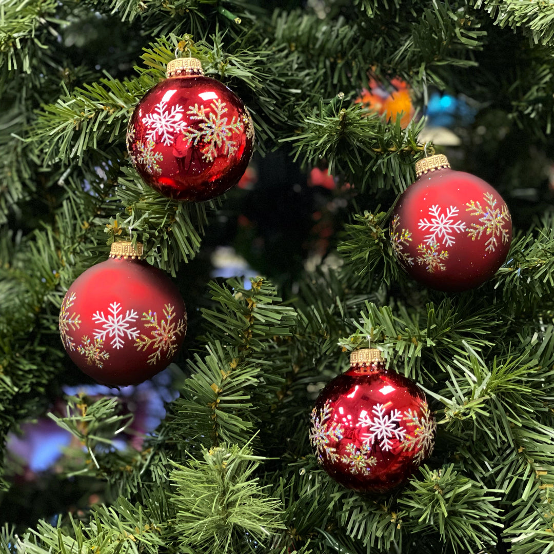 Glass Christmas Tree Ornaments - 67mm/2.63" [4 Pieces] Decorated Balls from Christmas by Krebs Seamless Hanging Holiday Decor (Christmas Red & Red Velvet Snowflakes)