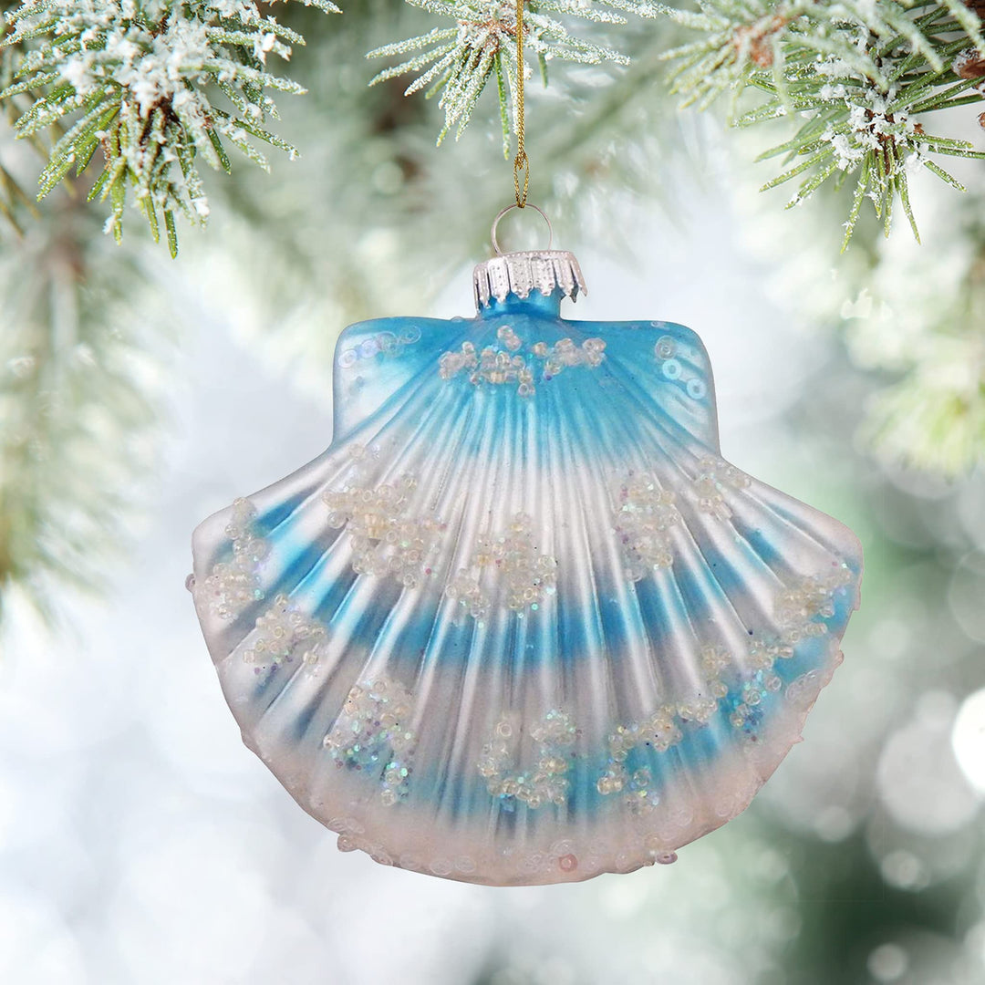 Christmas By Krebs Blown Glass  Collectible Tree Ornaments  (3 1/2" Blue Scallop Sea Shell)