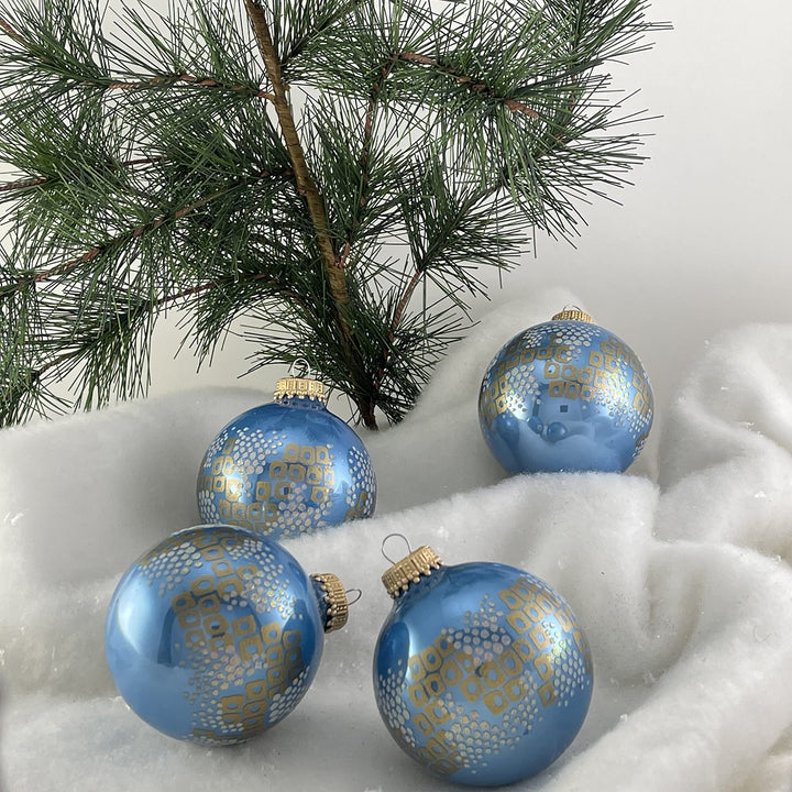 Glass Christmas Tree Ornaments - 67mm/2.63" [4 Pieces] Decorated Balls from Christmas by Krebs Seamless Hanging Holiday Decor (Shiny Blue Jay with Squares and Circles)