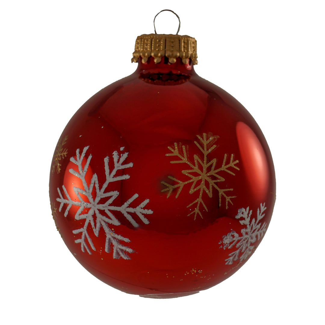 Glass Christmas Tree Ornaments - 67mm/2.63" Designer Balls from Christmas by Krebs - Seamless Hanging Holiday Decorations for Trees - Set of 12 Ornaments (Red and White with Basic Flakes)